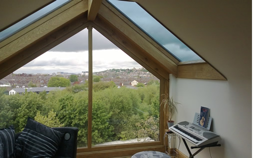 View from Gable end Green Oak frame with UPVC Window fitted in a loft conversion. South Park, Lincoln.